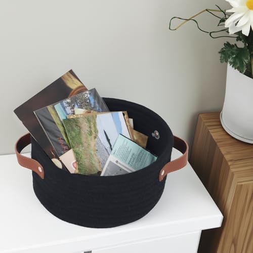 Small Woven Cotton Rope Basket with Leather Handle, Black - Image 4