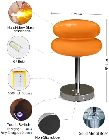 Cordless Orange Mushroom Lamp, Mid Century Modern Glass Lamp 6000mAh Rechargeable Small Table Lamps, Cute Cool Desk Lamps for Living Bedroom Nightstand Home Decor Aesthetic - Image 5