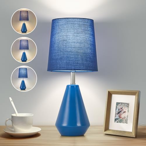 Small Bedside Table Lamp for Bedroom - Reading Desk Lamp with 3 Color Temperatures，15.5" Nightstand Ceramic Lamp with Fabric Shade for Kids Room,Living Room,Dorm,Home Office (Blue) by Illuminatingyoumeandhim
