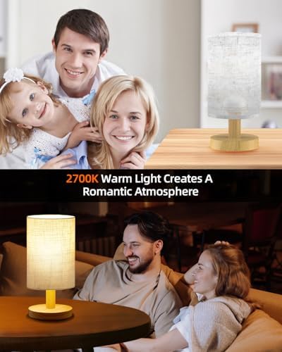 Small Table Lamp for Bedroom - Inline Control, Bedside Lamp for Warm Light LED Desk Lamp, Wood Base Round Flaxen Fabric Shade for Kids Room, Living Room, College Dorm, Home, Office - Image 6
