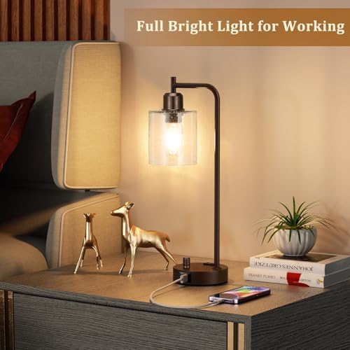 Innqoo Brown Industrial Bedside Table Lamp for Bedroom - Nightstand Lamps with USB C Charging Port, Fully Dimmable Black Ports and Outlets, Small Desk Glass Shade Office Living Room - Image 5