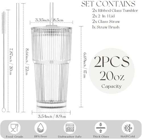 KEMORELA 20oz Ribbed Glass Tumblers with Lids and Straws,Iced Coffee Cups - Image 3