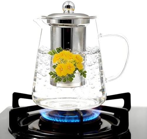 Glass Teapot Stovetop Flower Tea Pot with Lid Set Gift, 32OZ High Temperature Resistant Borosilicate Clear Tea Kettle with Infuser as Tea Lover Gifts Uesd for Home&Office Decor - Image 3