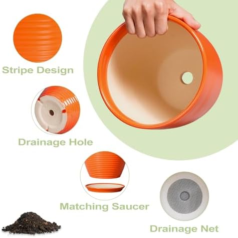 8 Inch Plant Pot, Ceramic Planters for Plants with Drainage and Saucer, Orange - Image 5