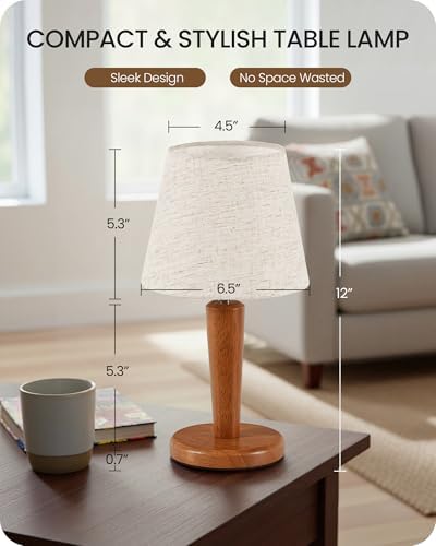 12" Wood Bedside Table Lamps Set of 2, Small Desk Lamps for Small Places, 3 Color Temperatures with Memory, Beige Linen Shade & E26 Bulbs, for Bedroom Living Room Office LE13TLP205 - Image 4