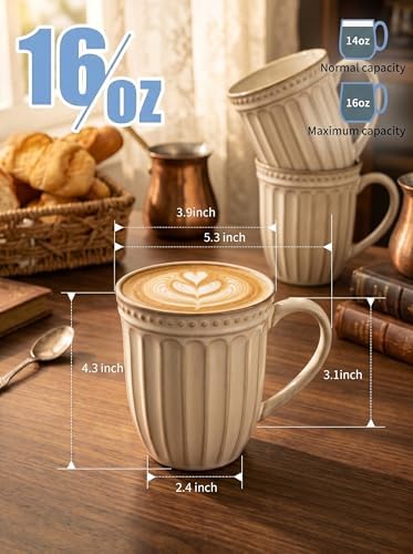 HASENSE Coffee MugsSet of 4, 16 Oz Embossed Vertic Fluted Ceramic Cups - Image 2