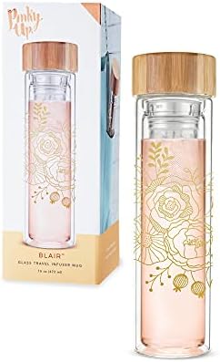 Pinky Up Blair Travel Infuser Mug, Double-Walled Glass, Stainless Steel Strainer, 16 Oz, Bouquet by PinkyUp
