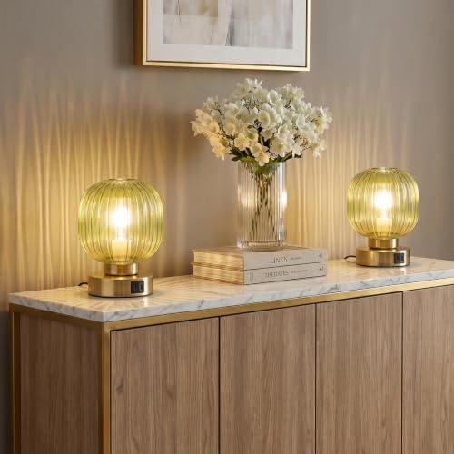 Elenhome Touch Table Lamp Set of 2, 3-Way Dimmable with Glass Shade, USB-C+A Charging Ports, Mid-Century Modern Small Bedside Lamps for Nightstand, Bedroom, and Living Room, LED Bulb Included (Green) - Image 6
