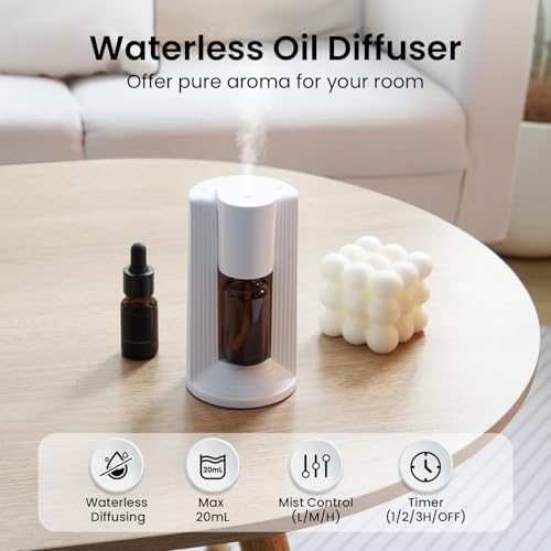Waterless Essential Oil Diffuser, Portable Aromatherapy Diffuser, Fit for 10-20mL Essential Oil Bottles, 3 Timer & 3 Mist Level, Rechargeable Mini Scent Diffuser for Home, Room, Car and Office (White) - Image 3