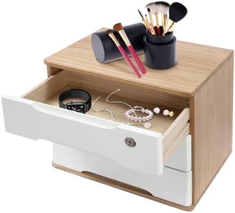 Wooden Desktop Storage Box with Lockable Drawers, Flat File Cabinet Drawer Desktop Storage Box, Countertop Storage Cabinet for Office Home Toiletries Supplies Vanity (natural wood+white, 3 Drawer) - Image 3