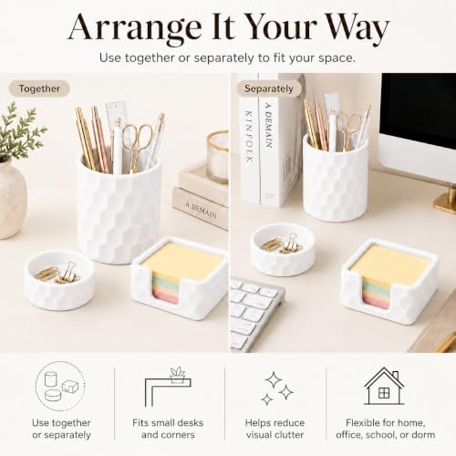 Aesthetic Geometric Silicone Desk Organizer Set of 3,Modern Office Desk Accessories with Round Pen Holder,Paperclip Tray,Sticky Note Holder,Stylish Functional Desk Decor for Home Office(White) - Image 3