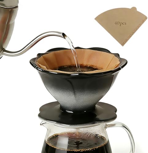 Premium Ceramic Pour Over Coffee Dripper，Includes 40pcs Coffee Filter Papers, suitable for home and travel, Flower Petal Dripper（Gradient Black） (Gradient Black) by Unknown