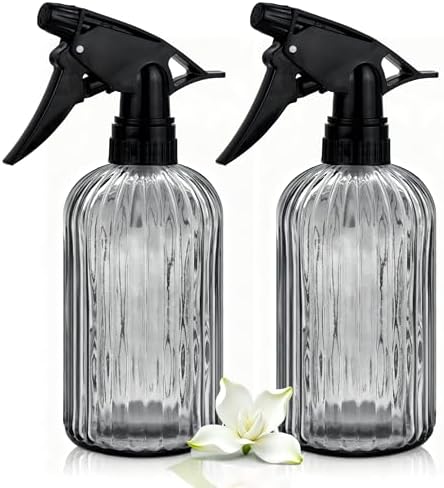Glass Handheld Spray Bottle, 13.5oz Refillable Plant Mister Bottle 2 Pack, Water Spray Bottle with Adjustable Mist Nozzle for Outdoor Gardening, Indoor Flowers, Cleaning, Hair & Pets Care (Grey) by ESSGUO