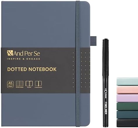 &And Per Se Dotted Notebook with Pen, A5 Hardcover Dotted Journal, 160 Pages 100GSM Thick Paper Dot Grid Journal with Fineliner Pen (Dark Blue) by AndPerSe