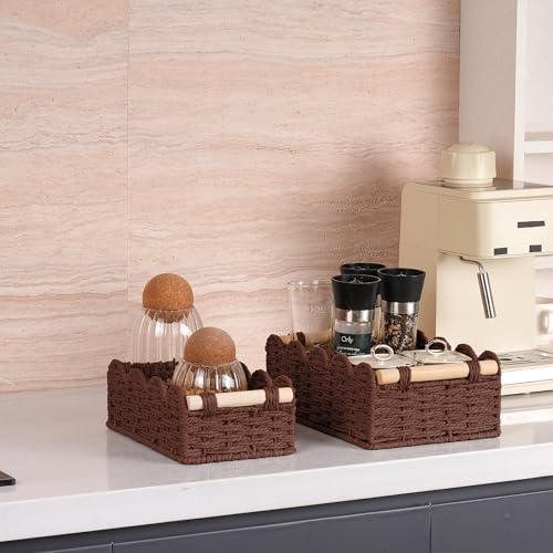 iEGrow Paper Rope Small Storage Baskets for Organizing, Set of 2 Scalloped Edge Wicker Basket with Wooden Handles Toilet Paper Basket for Over Toilet Storage Shelf, Home Decor, Living Room (Brown) - Image 4