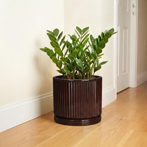 10 Inch Ceramic Plant Pots, Round Flower Pots with Saucer, Brown - Image 6