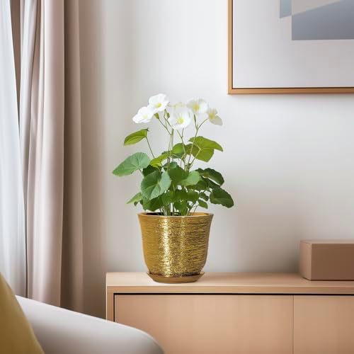 5.6 Inch Plant Pot - Ceramic Planter for Indoor Outdoor, Round Succulent Orchid Pot with Drainage Hole and Plant Saucer, Modern Decorative Planters, Living Room Decor, Gifts for Women, Gold - Image 6