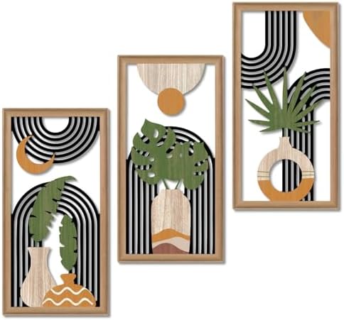 Putuo Decor Boho Abstract Wall Art Set of 3, Modern Minimalist Wooden Wall Decor, Geometric Aesthetic Botanical Artwork, Mid-Century Modern Design for Living Room, Bedroom, Office, Black 16.5 x 8.6 by PUTUODECOR