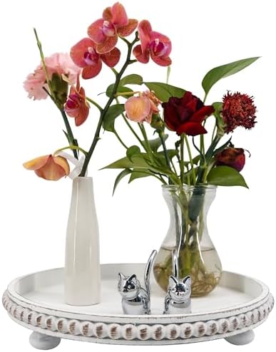 FramePro Decorative Tray 12in Round Wood Beaded - Rustic White Serving Tray Risers for Living Room, Coffee Table, Kitchen or Farmhouse Display by FramePro