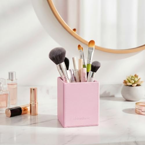 UnionBasic Square Pen Holder, Leather Pencil Cup, Desktop Caddy Stationery Organizer, Taiga Pattern Leather, Pink - Image 5