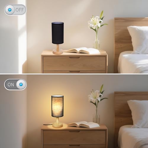 Black Small Bedside Table Lamp for Bedroom,Natural Round Wood Base&Fabric Linen Shade,Cozy Night Table Light for Study Reading,Minimalist Boho Desk Lamp for Nightstand,Living Room,Nursery,Kitchen,Dorm - Image 6