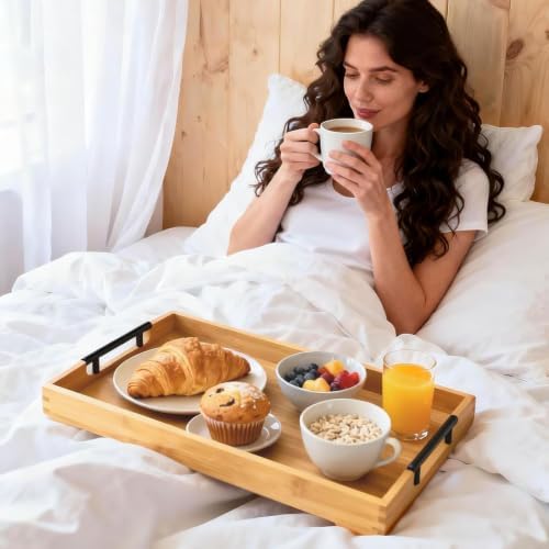 Krismax Wooden Serving Tray with Handles, Serving Platter 15.7x11.4 Inch Food Drinks Tray for Coffee Table,Decorative Storage Tray for Entertaining, Breakfast Tray in Bed,Lunch,Dinner,BBQ(Bamboo) - Image 3