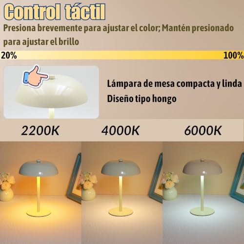 Cordless LED Mushroom Table Lamp, 5200mAh Battery, Dimmable 3 Color, White - Image 3