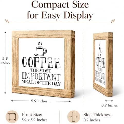 Coffee Kitchen Decor Sign, Most Important Meal Of The Day Wood Plaque, Funny Coffee Station Shelf Sitter, Rustic Breakfast Bar Counter Accent For Cafe Corner, 5.9 x 5.9 in - Image 2