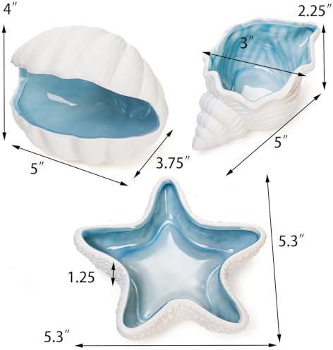 TOPZEA 3 Pack Ceramic Jewelry Tray, Conch Starfish Aqua Shell Shaped Trinket Dish Ocean Themed Trinket Plate Decorative Earring Rings Bracelet Holder for Dresser, Bedroom, Entryway, Beach Room Decor - Image 2