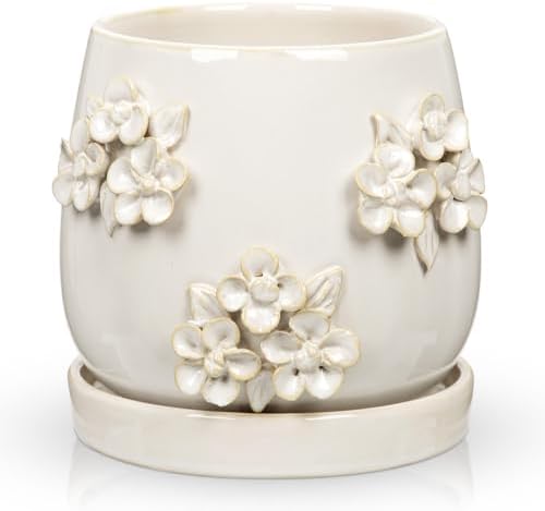 6 Inch Ceramic Plant Pot with 3D Floral Relief Embossed Texture Ivory White by NatureCrafted