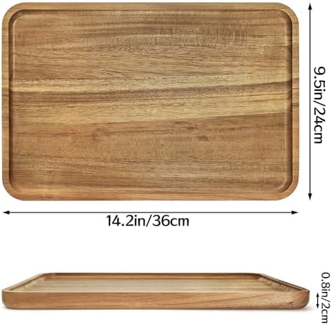 YOUEON Set of 2 Acacia Wood Serving Tray with Raised Edge, 14.2 x 9.5 Inch Rectangular Serving Tray, Appetizer Cheese Plate, Sandwich Dessert Trays, Wood Plates for Food, Coffee, Fruit, Cookie - Image 2