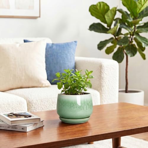 Ceramic Plant Pots - 4 Inch Pots for Plants with Drainage Hole and Saucer, Small Succulent Pot for Indoor Plants, Round Ceramic Planter, Home Office Decor, House Warming Gifts, Green - Image 4