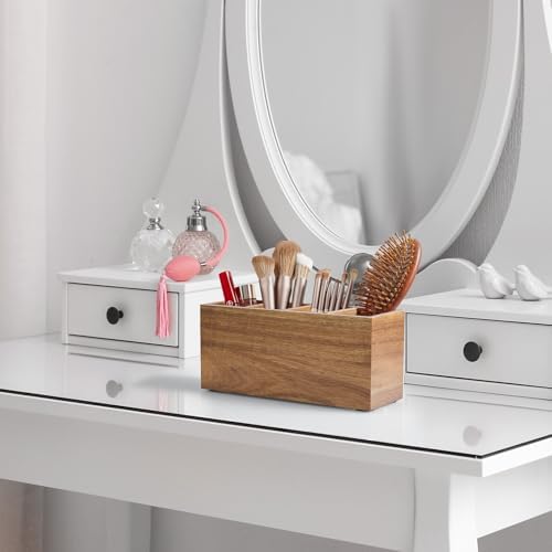 Bivvclaz Pencil Pen Holder for Desk, Acacia Wood Office Desk Organizers and Accessories with 4 Slots for Countertop, Makeup Brush Holder Organizer for Bathroom Vanity, Silverware Caddy for Party - Image 5