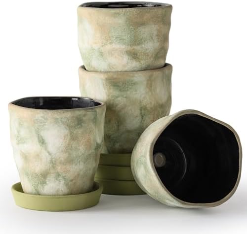 Modern Irregular Ceramic Planter Set of 4, 4 Inch Small Unique Reactive Glaze Flower Pots with Drainage Holes & Saucers - Indoor Outdoor Decorative Succulent Orchid Pots- Light Green by Unknown