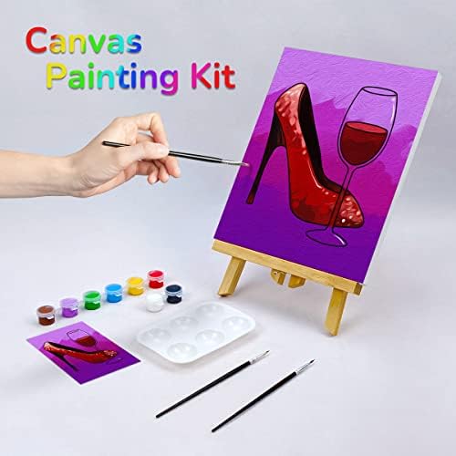 VOCHIC Pre Drawn Canvas for Painting for Adults Paint and Sip Kit Pre Printed Canvas to Paint Party Supplies 8x10 inch Girl High Heels Glass 8 Colors,3 Brush,1 Pallet Art Set - Image 2