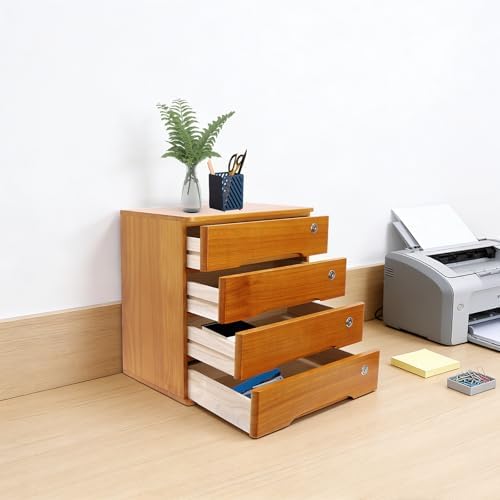 Wooden Desktop Storage Box with Lockable Drawers, Flat File Cabinet Drawer Desktop Storage Box, Countertop Storage Cabinet for Office Home Toiletries Supplies Vanity (Wood yellow, 4 Drawer) - Image 2