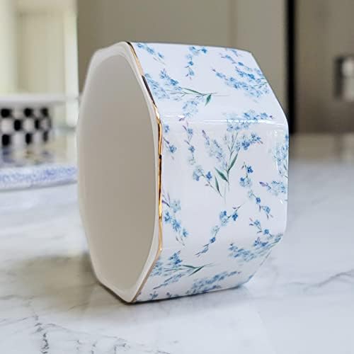 Ceramic Paper Clip Holder Gold Line Paper Clip Dispenser Organizer for Desk Cute Floral Pattern Office Binder Clip Holder Bobby Pin and Hair Clip Holder Gift for Office Blue Flowers - Image 4