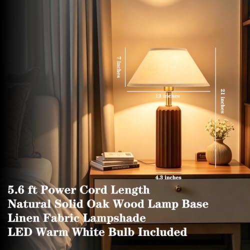 21'' Traditional Bedside Table Lamp, Solid Oak Wood Table Lamp with Linen Shade, Farmhouse Lamp Home Decor Vintage Lamp for Bedroom, Living Room, Nightstand (Bulb Included) - Image 3