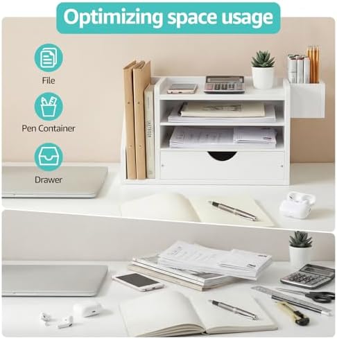 Wood Desk Organizers and Accessories with Drawer - White 3 Tier Paper Tray and Desktop Storage Caddy for Office Supplies, Slanted File Folder Holder and Pen Cup, Dorm Essentials for School - Image 5