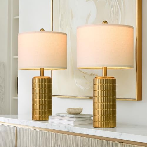 PoKat 23" Brass Gold Ceramic Table Lamps for Living Room, Retro Warm Gold Lamps for Night Stands, Vintage Bronze Decorative Lamps for Bedroom, Antique Gold Brown Nightstand Lamps for Home Decor - Image 4