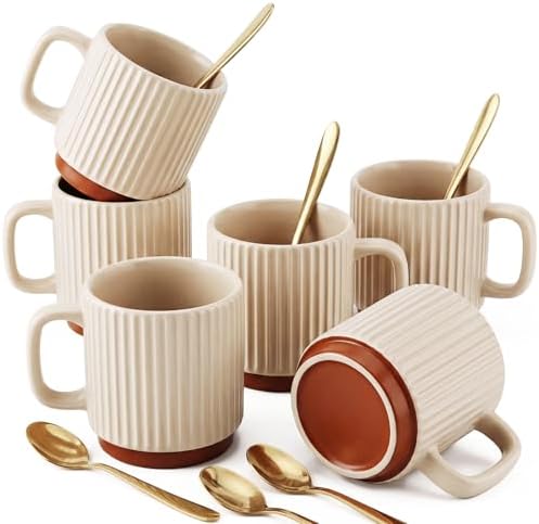6 Set 8.8 oz Ceramic Coffee Mugs with Gold Spoons, Beige by Ferrochef