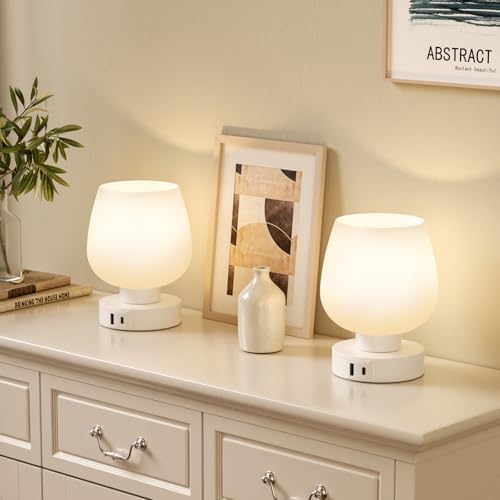 Seealle Touch Table Lamp for Nightstand Set of 2 - Bedside Lamp with USB C+A Charging Ports for Bedroom Living Room Night Stands, Desk Lamp with White Glass Shade for Small Spaces, 3 Way Dimmable - Image 4