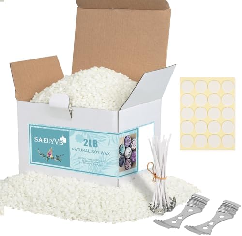 SAEUYVB Soy Wax for Candle Making，Natural Candle Wax for Candle Making, Granulated Soy Wax - Paraffin-Free, Beeswax-Free, 20 Cotton Candle Wicks, 20 Wick Stickers & 2 Centering Devices(2 lbs) by SAEUYVB
