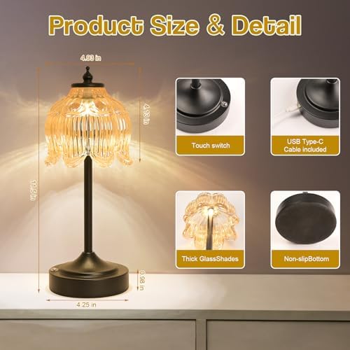 Cordless Table Lamp, Rechargeable Amber Glass Lotus Flower Lamp - Image 7