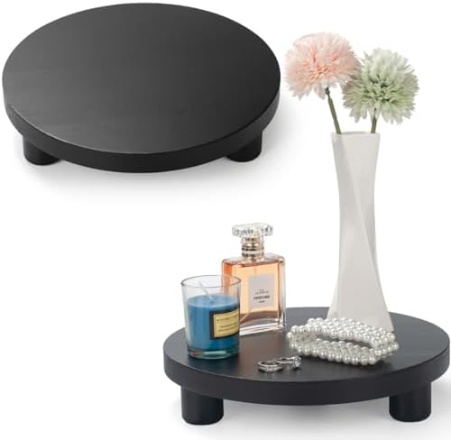 Wood Riser for Decor, 2 Pack Wood Pedestal Stand for Display, Round Wooden Tray for Kitchen Counter, Wooden Pedestal Stand for Plant Pot Indoor (Round - Black) by DEAMACE