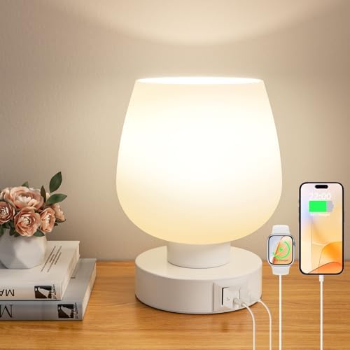 Touch Table Lamp for Nightstand - Bedside Lamp with USB C+A Charging Ports for Bedroom Living Room Night Stands, Desk Lamp with White Glass Shade for Small Spaces, 3 Way Dimmable, LED Bulbs, Gifts by SeealleLighting