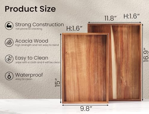Fibogollo Set of 2 Acacia Wood Serving Tray with Handles - Image 6