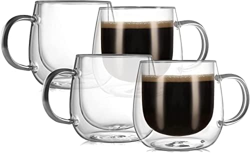 CNGLASS 10oz Double Walled Glass Coffee Mugs(4-pack),Clear Coffee Cups with Handle,Glass Espresso Mugs for Latte,Cappuccino,Tea by CNGLASS