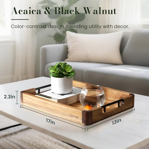 Wood Serving Tray with Handles, 17"x13" Large Decorative Ottoman Tray for Coffee Table, Walnut and Acacia Wooden Serving Trays for Party, Home Decor Rectangular Platters with 3 Silicone Mats - Image 2