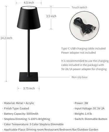 KDG Cordless Black Table Lamp, Portable Desk Lamp, 5000mAh Battery Operated - Image 5
